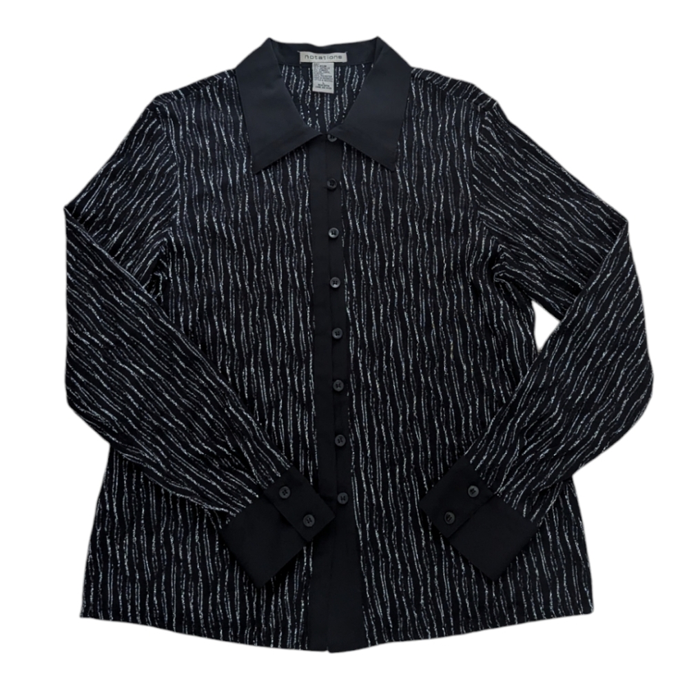 Notations Black Silver Metallic Stretchy Collared Button Front Blouse Women's L